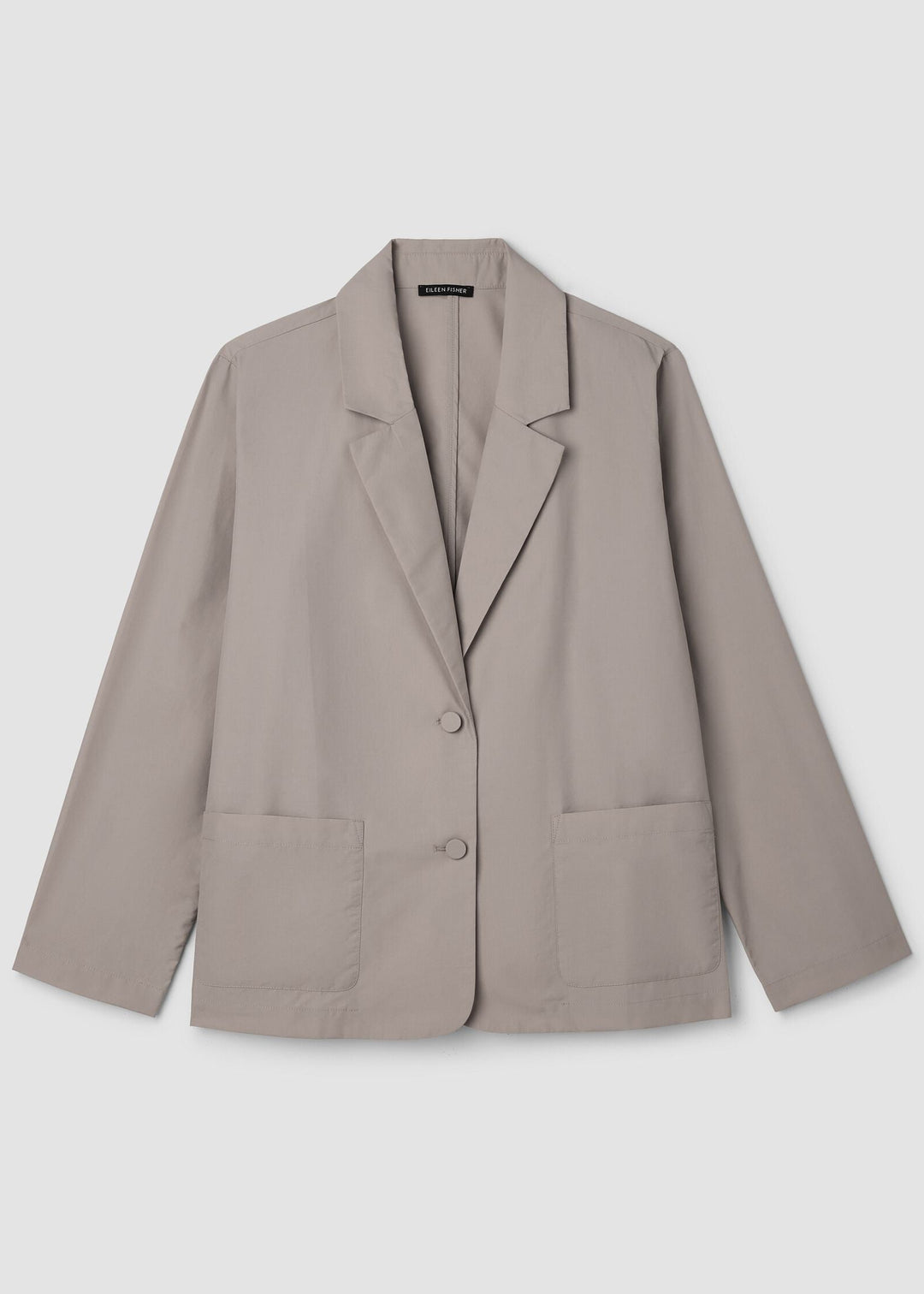 Front view of plus size Eileen Fisher Light Cotton Nylon Easy Blazer in Dove