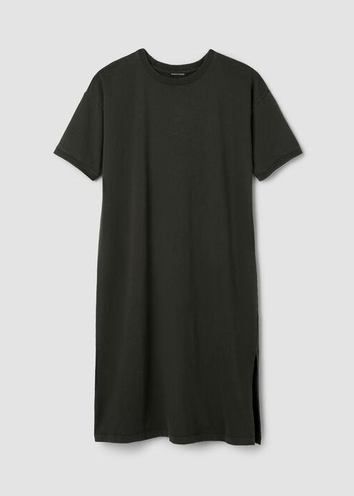 Dark green crew-neck terry shift dress with elbow sleeves and side slit