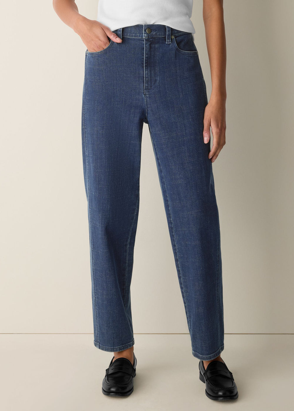 front view of plus size Eileen Fisher Cotton Stretch Denim Ankle Lantern Pant in Medium Indigo