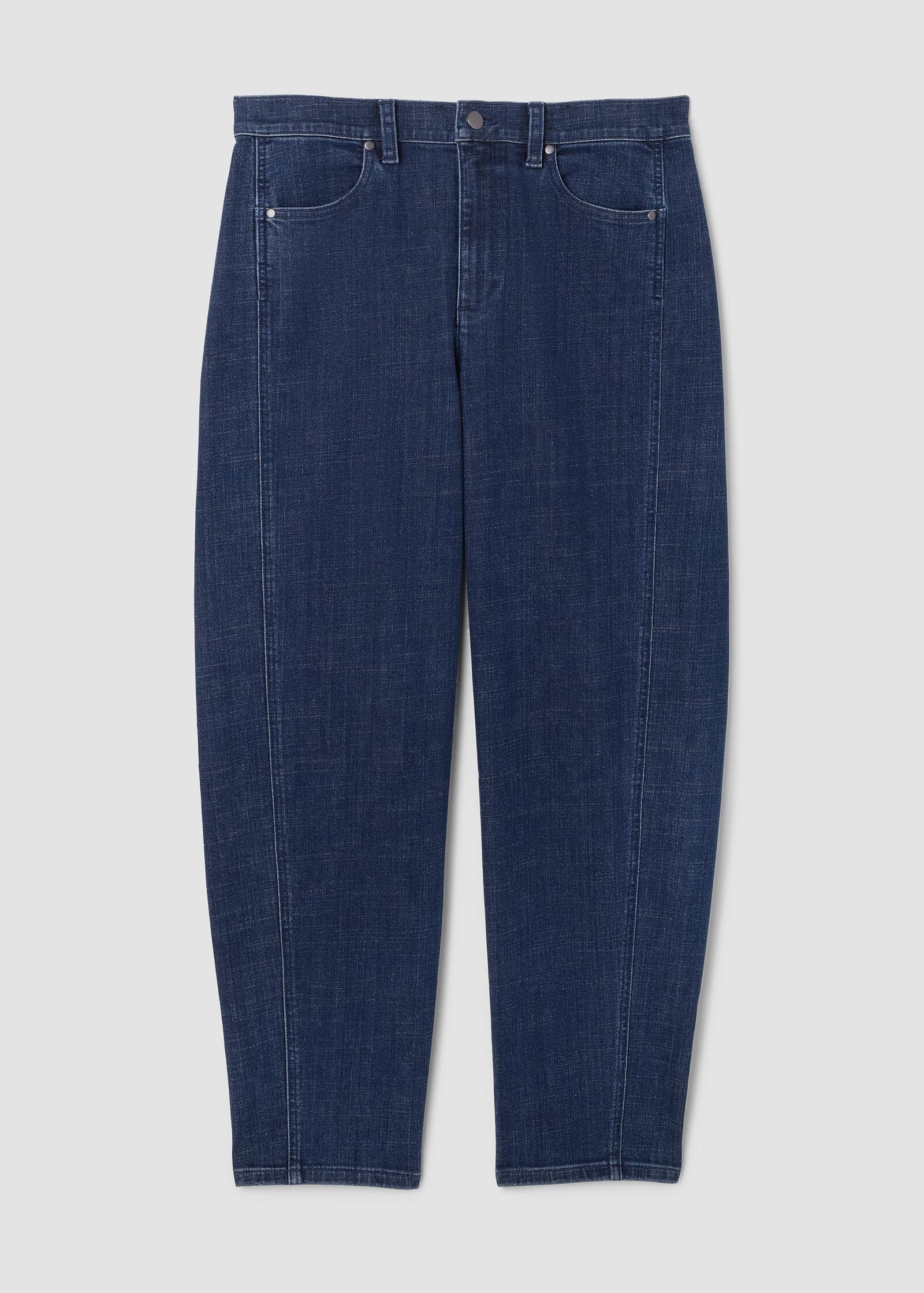 front view of plus size Eileen Fisher Cotton Stretch Denim Ankle Lantern Pant in Medium Indigo