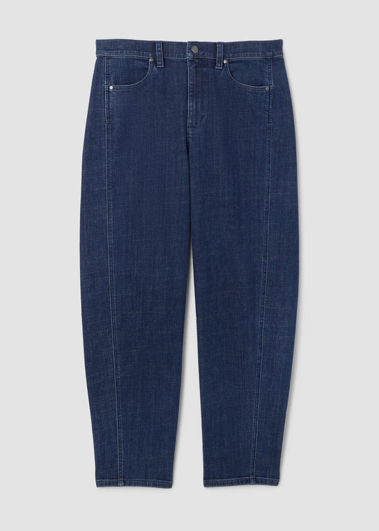 front view of plus size Eileen Fisher Cotton Stretch Denim Ankle Lantern Pant in Medium Indigo