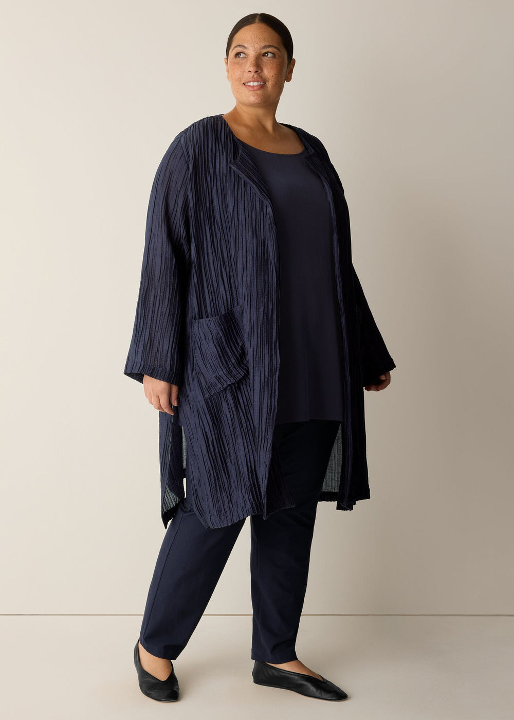 Front view of plus size Eileen Fisher Crinkle Shimmer Round Neck Jacket in Ink