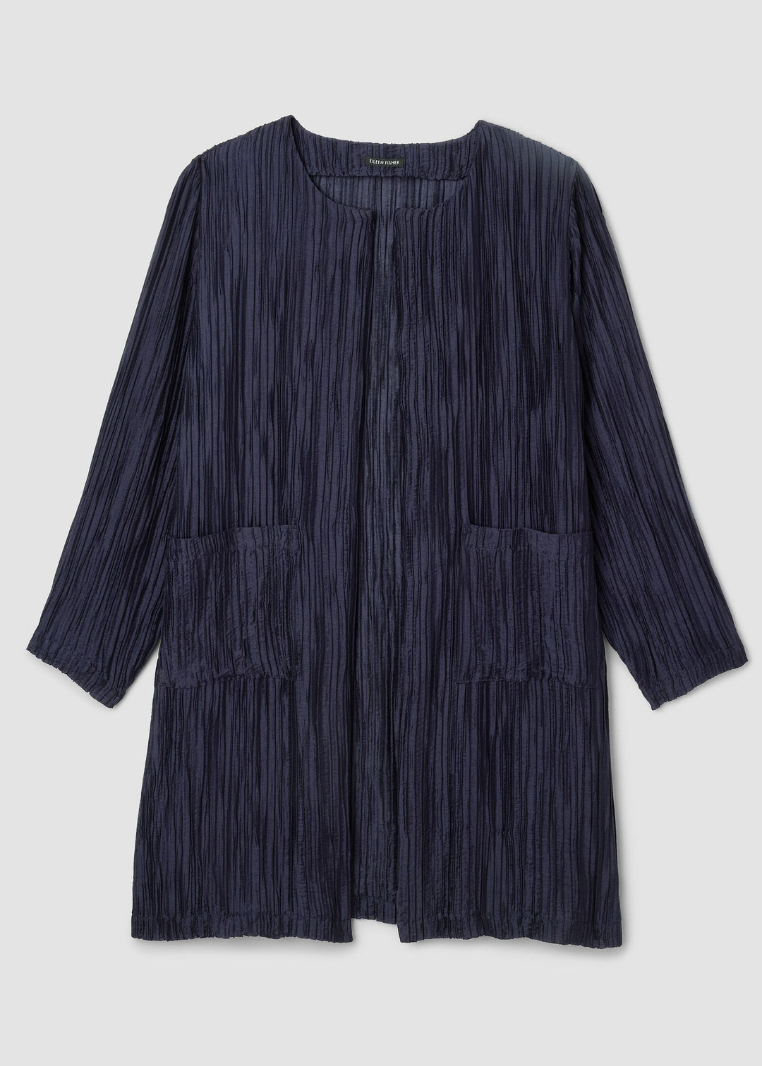 Front view of plus size Eileen Fisher Crinkle Shimmer Round Neck Jacket in Ink