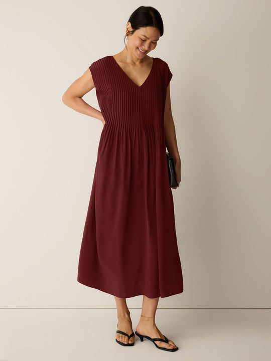 Eileen Fisher V-Neck Full Length Silk Crepe de Chine Dress in Sundried Tomato