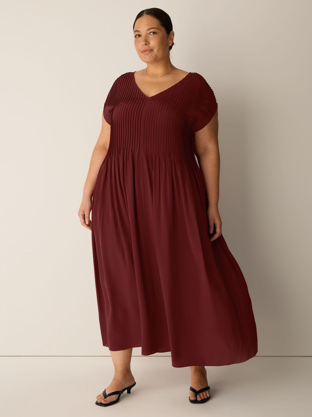 Eileen Fisher V-Neck Full Length Silk Crepe de Chine Dress in Sundried Tomato