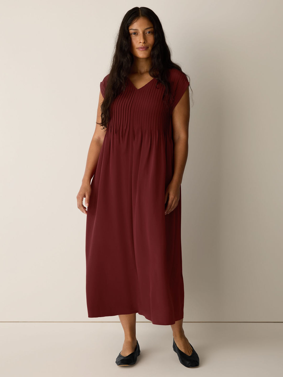 Eileen Fisher V-Neck Full Length Silk Crepe de Chine Dress in Sundried Tomato
