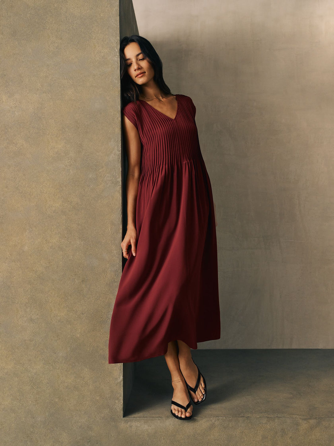 Eileen Fisher V-Neck Full Length Silk Crepe de Chine Dress in Sundried Tomato