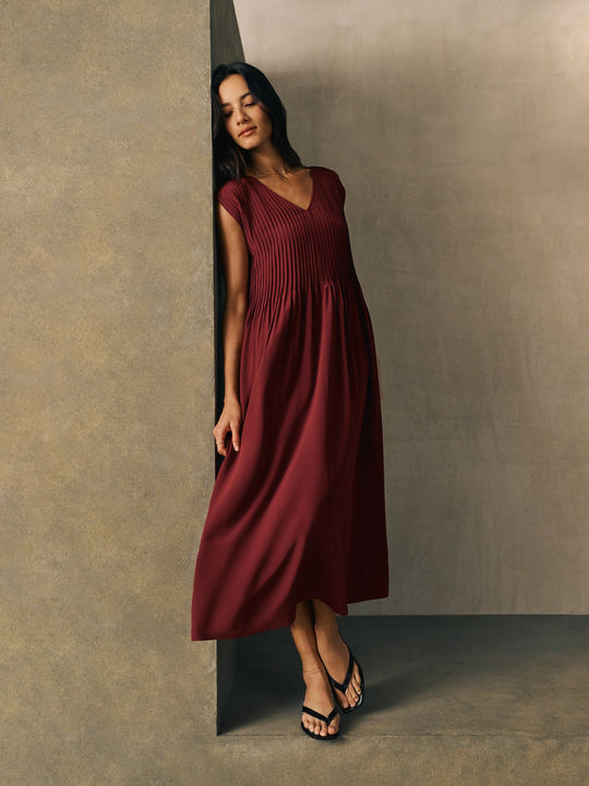 Eileen Fisher V-Neck Full Length Silk Crepe de Chine Dress in Sundried Tomato