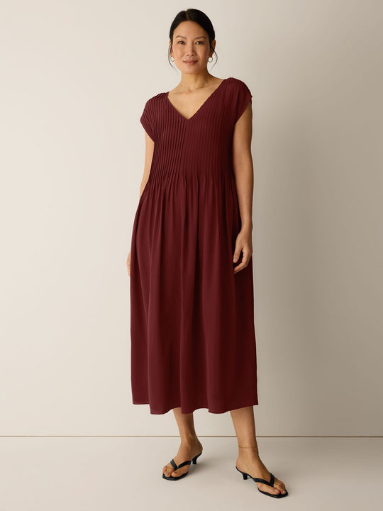 Eileen Fisher V-Neck Full Length Silk Crepe de Chine Dress in Sundried Tomato