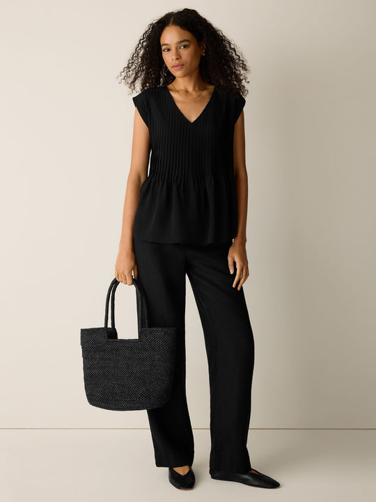Eileen Fisher V-Neck Silk CDC Top With Pintucks in Black