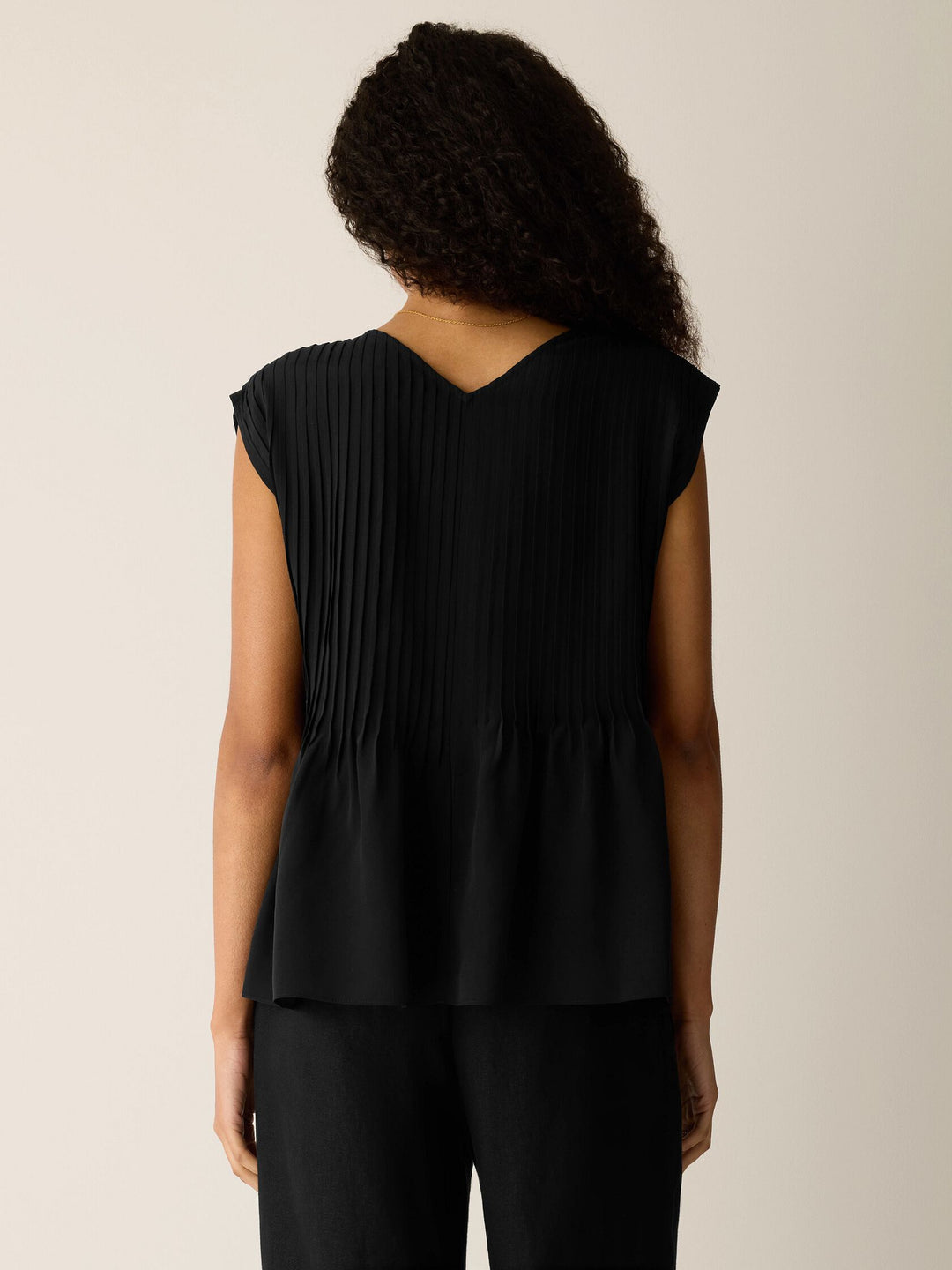 Eileen Fisher V-Neck Silk CDC Top With Pintucks in Black