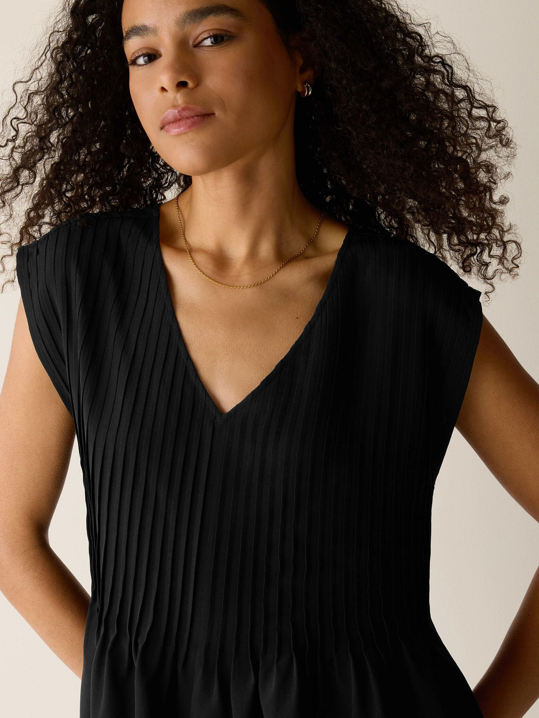 Eileen Fisher V-Neck Silk CDC Top With Pintucks in Black