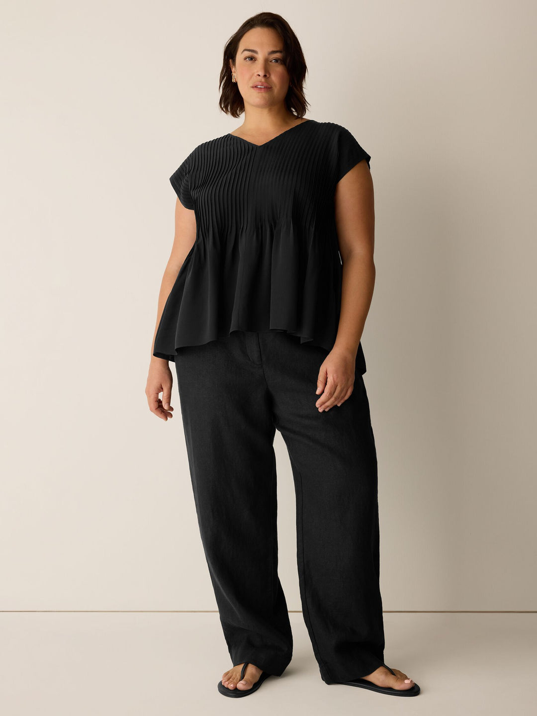 Eileen Fisher V-Neck Silk CDC Top With Pintucks in Black