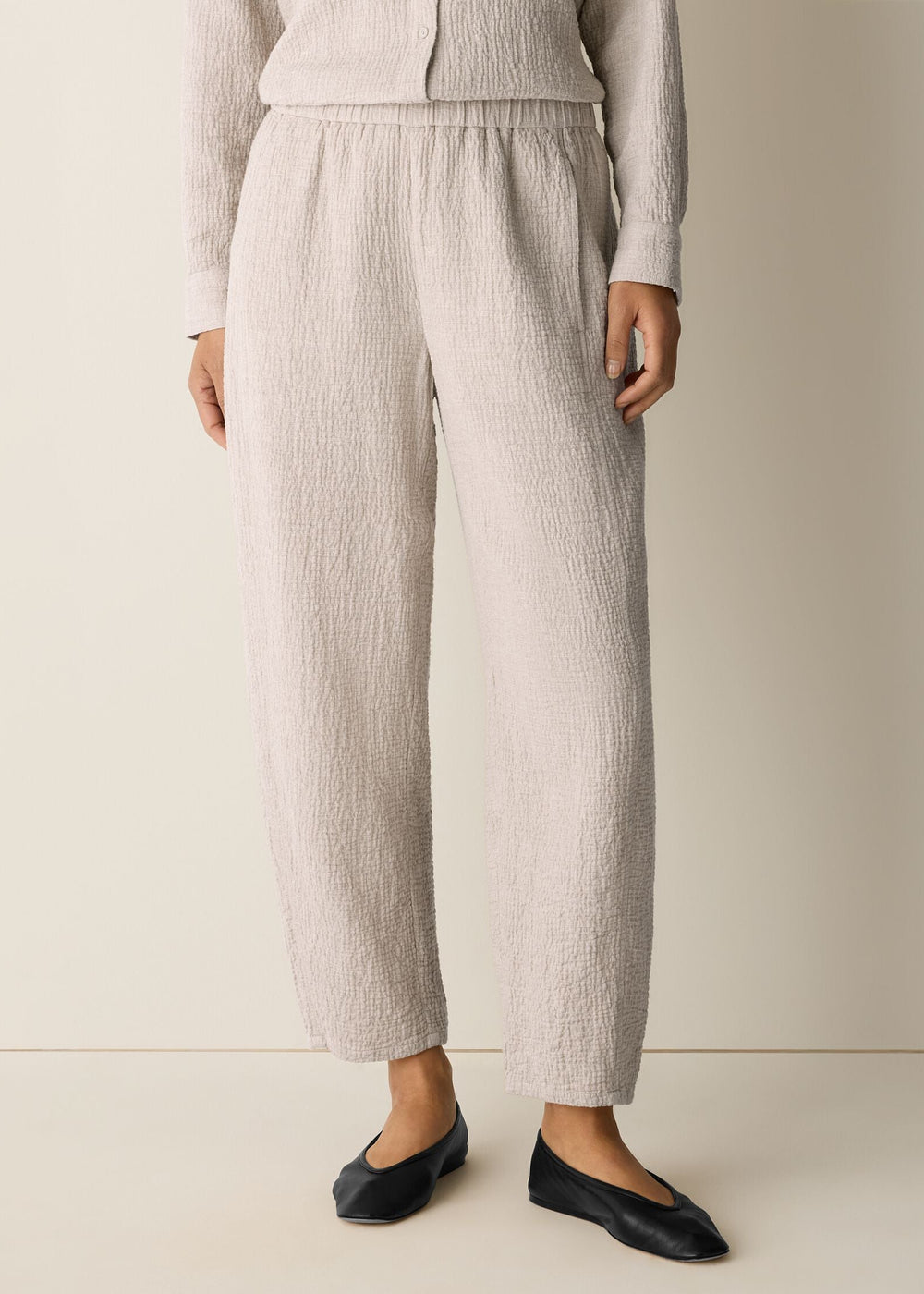 Front view of plus size Eileen Fisher Organic Cotton Double weave Ankle Lantern Pant with Pockets in Dove