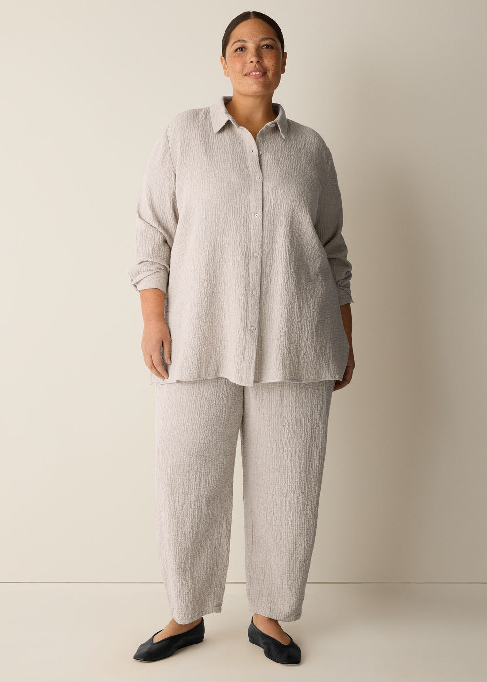 Front view of plus size Eileen Fisher Organic Cotton Double weave Classic Collar Shirt in Dove