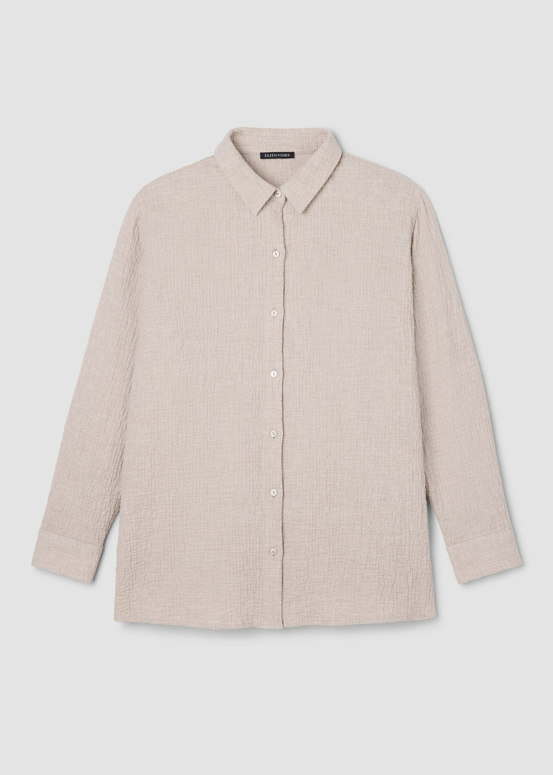 Front view of plus size Eileen Fisher Organic Cotton Double weave Classic Collar Shirt in Dove