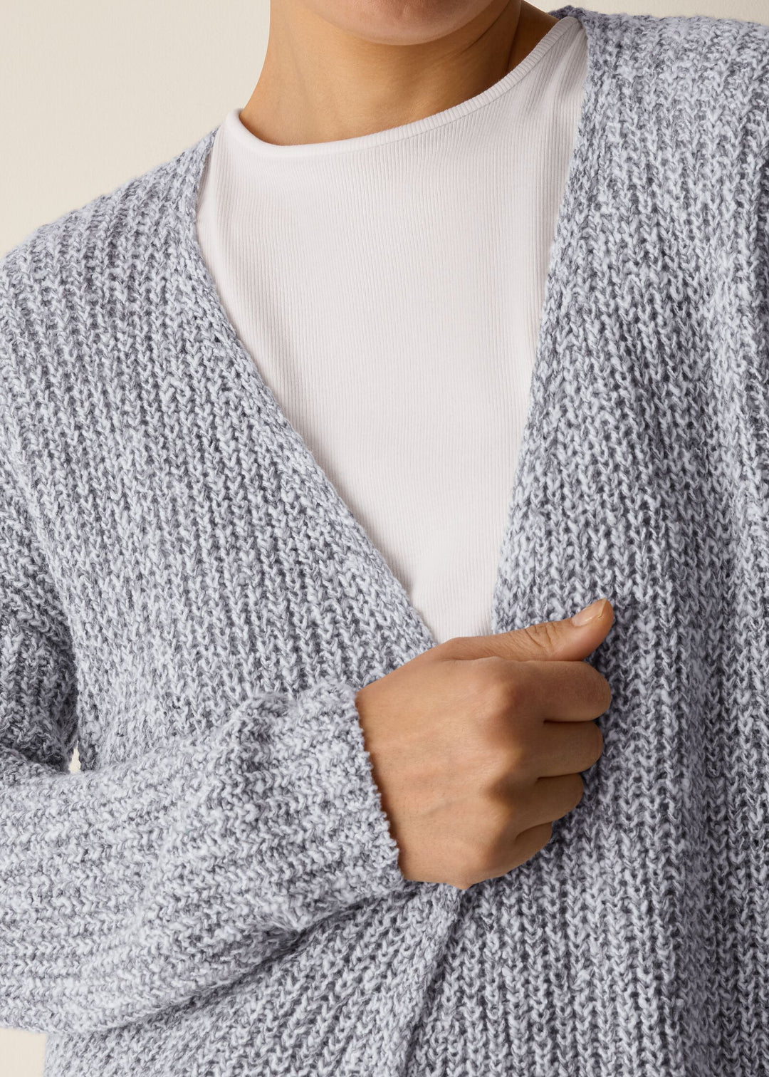 close up front view of plus size Eileen Fisher Peruvian Cotton Cloud Twist Open Cardigan in Dark Pearl