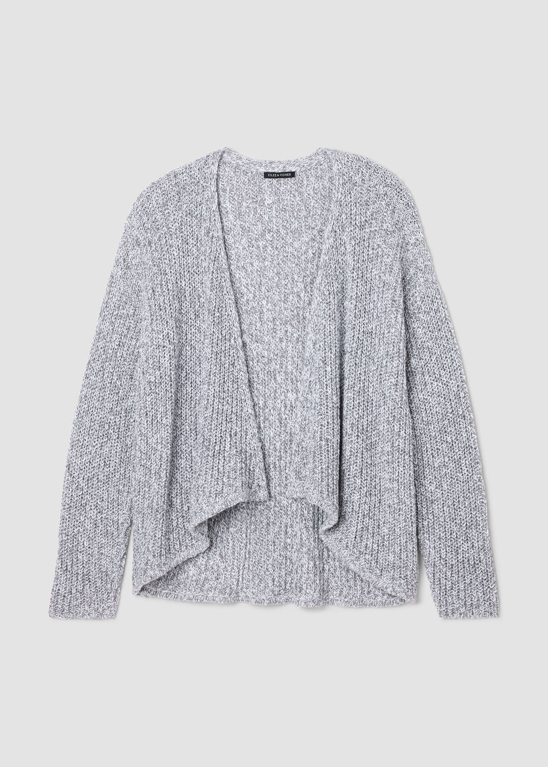 front view of plus size Eileen Fisher Peruvian Cotton Cloud Twist Open Cardigan in Dark Pearl