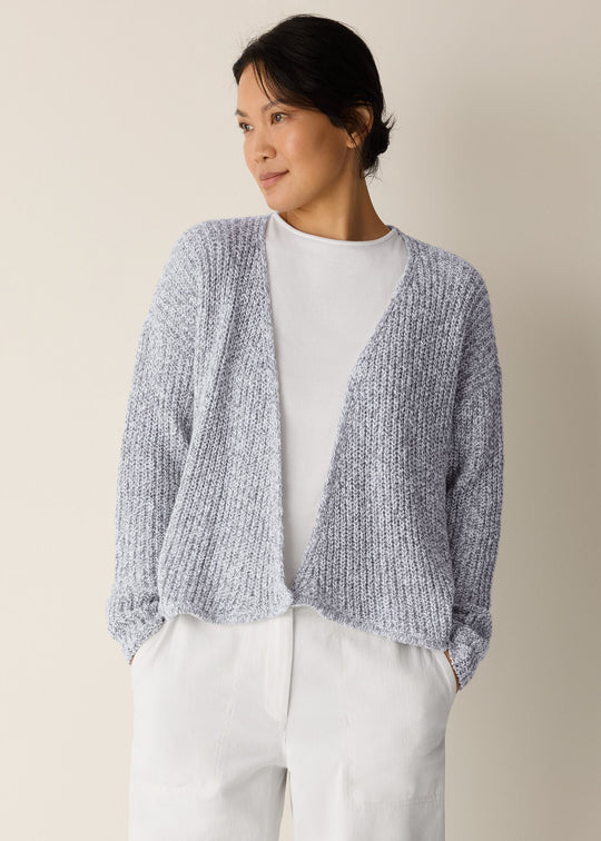 front view of plus size Eileen Fisher Peruvian Cotton Cloud Twist Open Cardigan in Dark Pearl