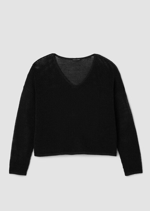 Black open-knit V-neck sweater, long sleeves, relaxed cropped fit.