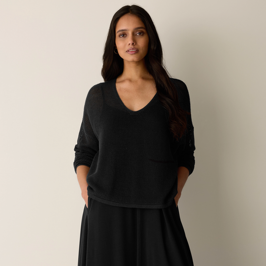 Black open-knit V-neck sweater with wide neckline and relaxed body.