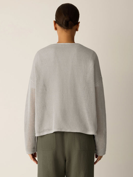 Eileen Fisher Organic Linen Cotton Open Knit V-Neck Sweater in Chalk