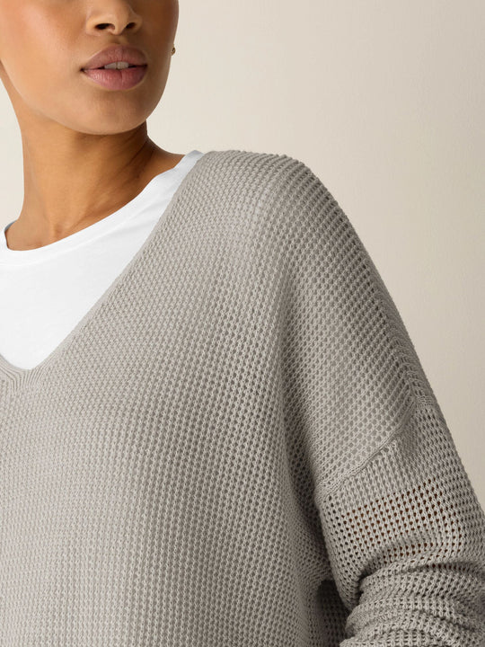 Eileen Fisher Organic Linen Cotton Open Knit V-Neck Sweater in Chalk