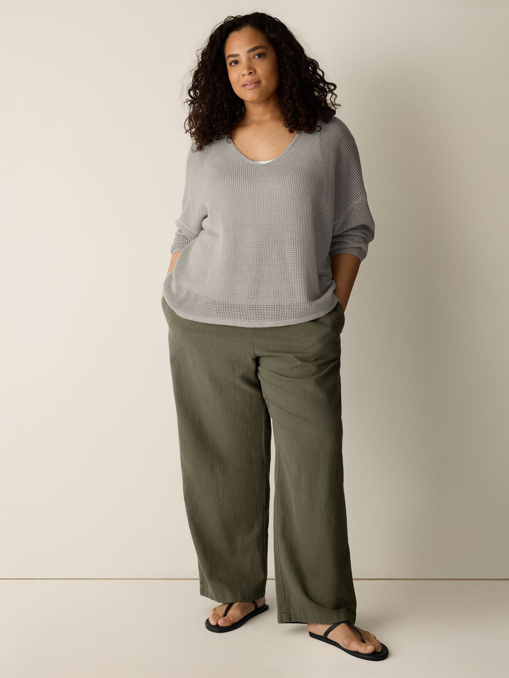 Eileen Fisher Organic Linen Cotton Open Knit V-Neck Sweater in Chalk