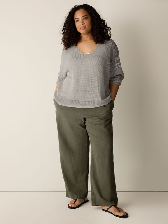Eileen Fisher Organic Linen Cotton Open Knit V-Neck Sweater in Chalk