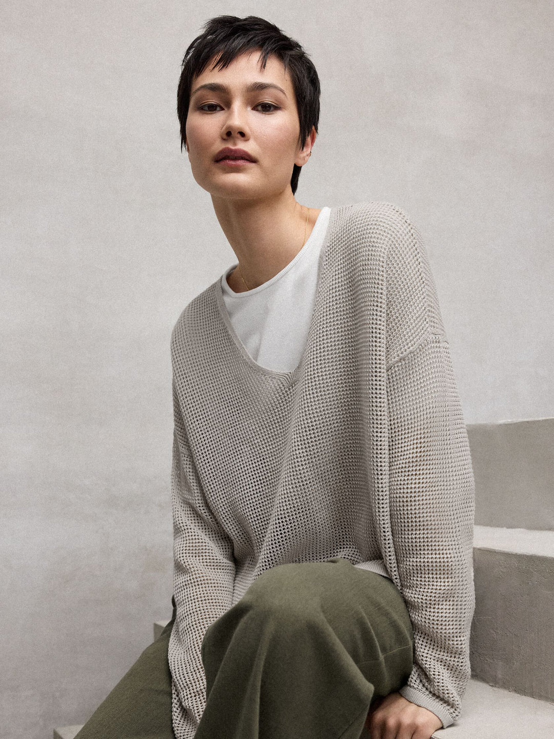 Eileen Fisher Organic Linen Cotton Open Knit V-Neck Sweater in Chalk