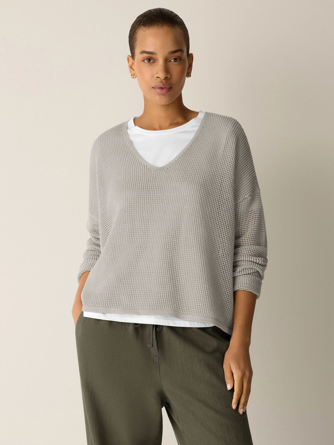 Eileen Fisher Organic Linen Cotton Open Knit V-Neck Sweater in Chalk