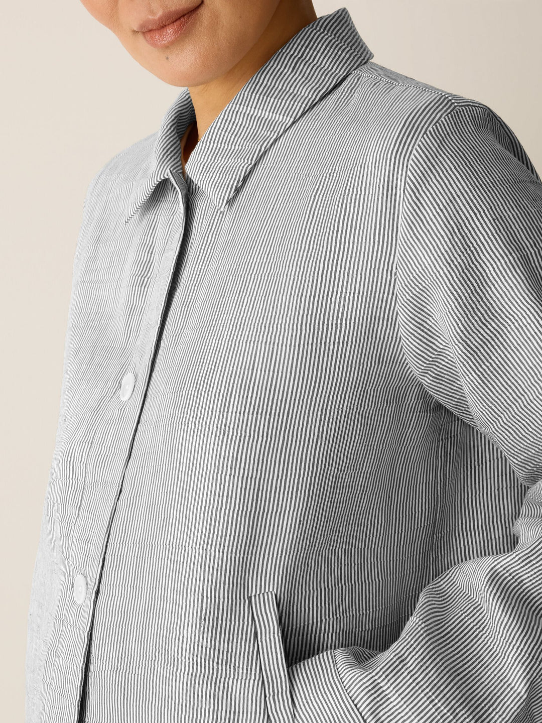 Eileen Fisher Striped Organic Linen Sheen Classic Collar A-Line Jacket in Wren