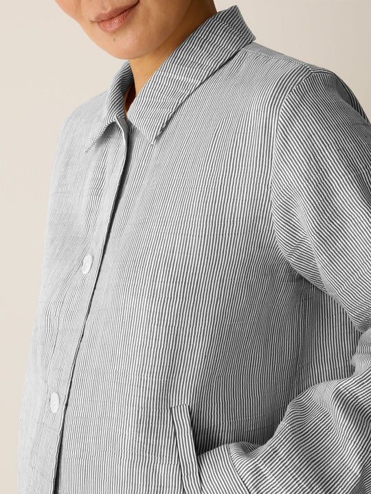 Eileen Fisher Striped Organic Linen Sheen Classic Collar A-Line Jacket in Wren