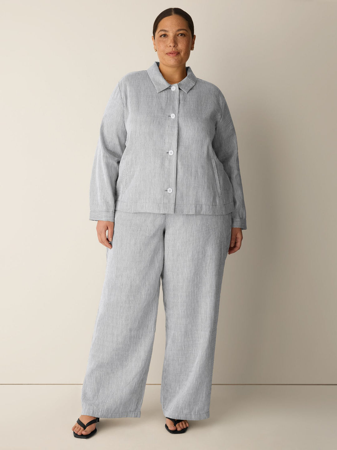 Eileen Fisher Striped Organic Linen Sheen Classic Collar A-Line Jacket in Wren