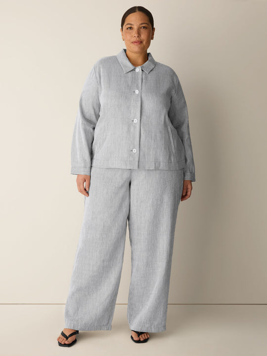 Eileen Fisher Striped Organic Linen Sheen Classic Collar A-Line Jacket in Wren