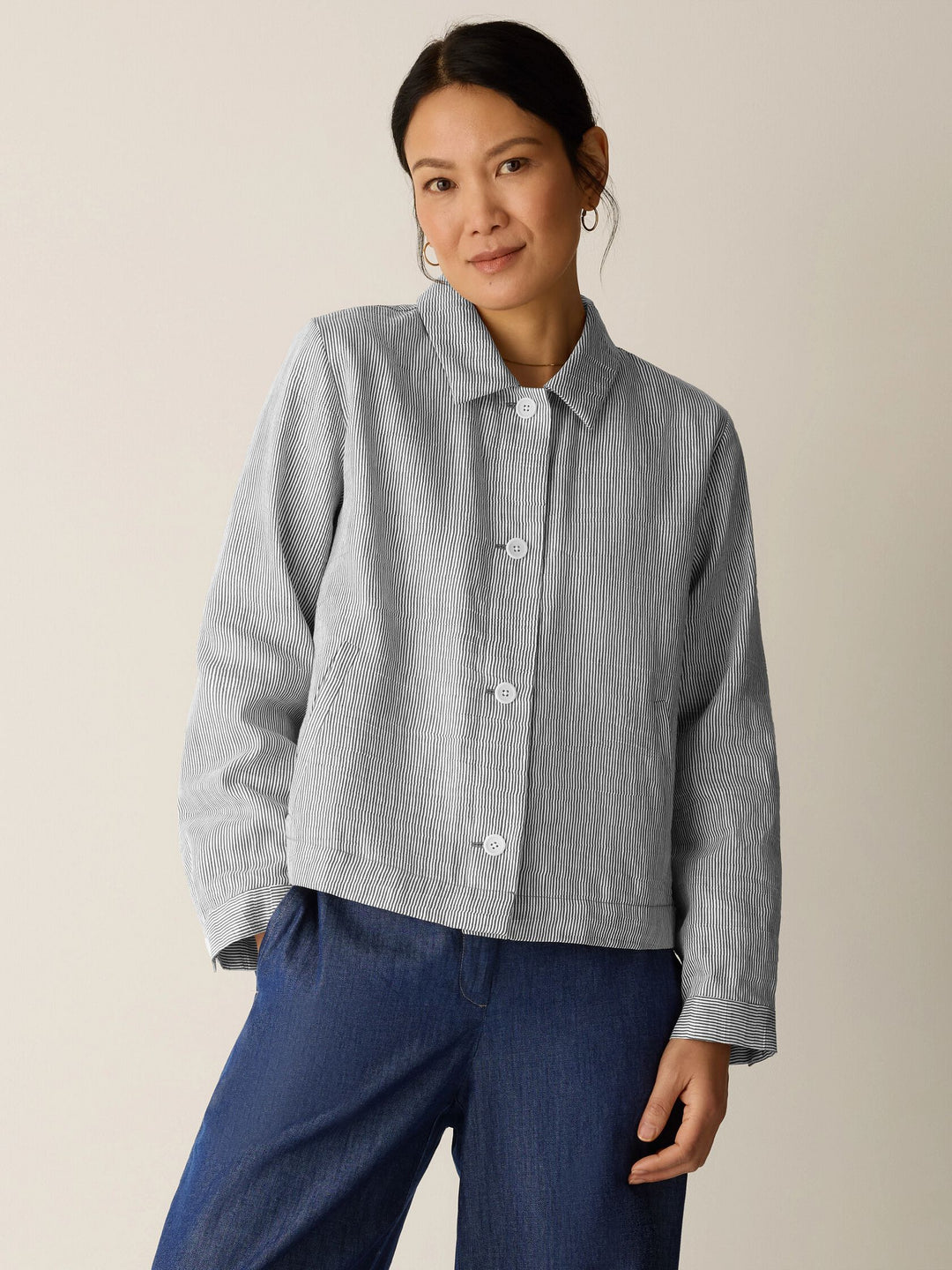 Eileen Fisher Striped Organic Linen Sheen Classic Collar A-Line Jacket in Wren