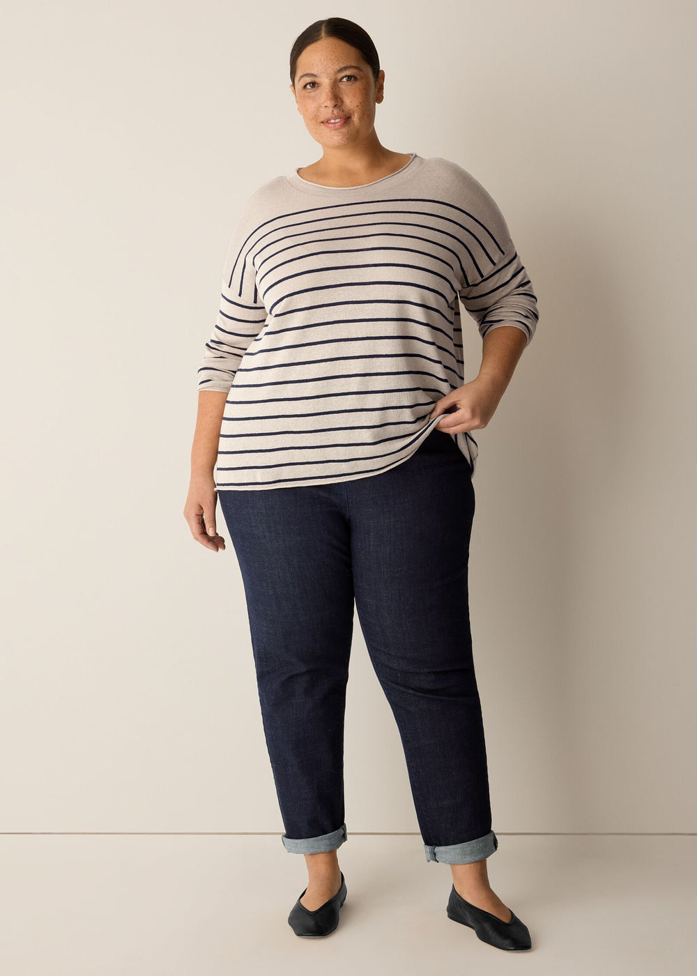 Front view of plus size Eileen Fisher Organic Linen Cotton Jewel Neck Sleeve Top in Ink Stripe