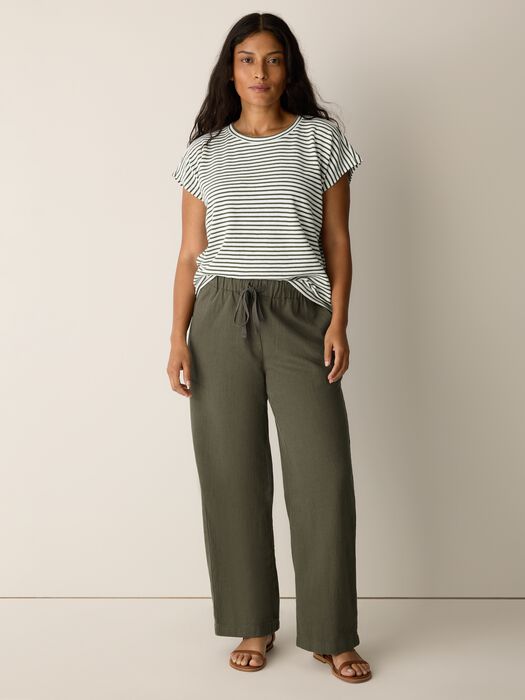 Olive straight-leg pants with drawstring elastic waist and roomy leg opening