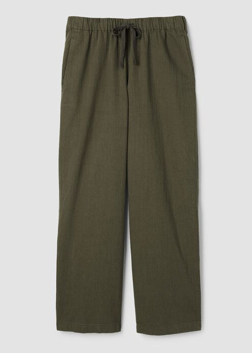 Olive straight-leg pants with elastic waistband and drawstring, slubby cotton-linen texture