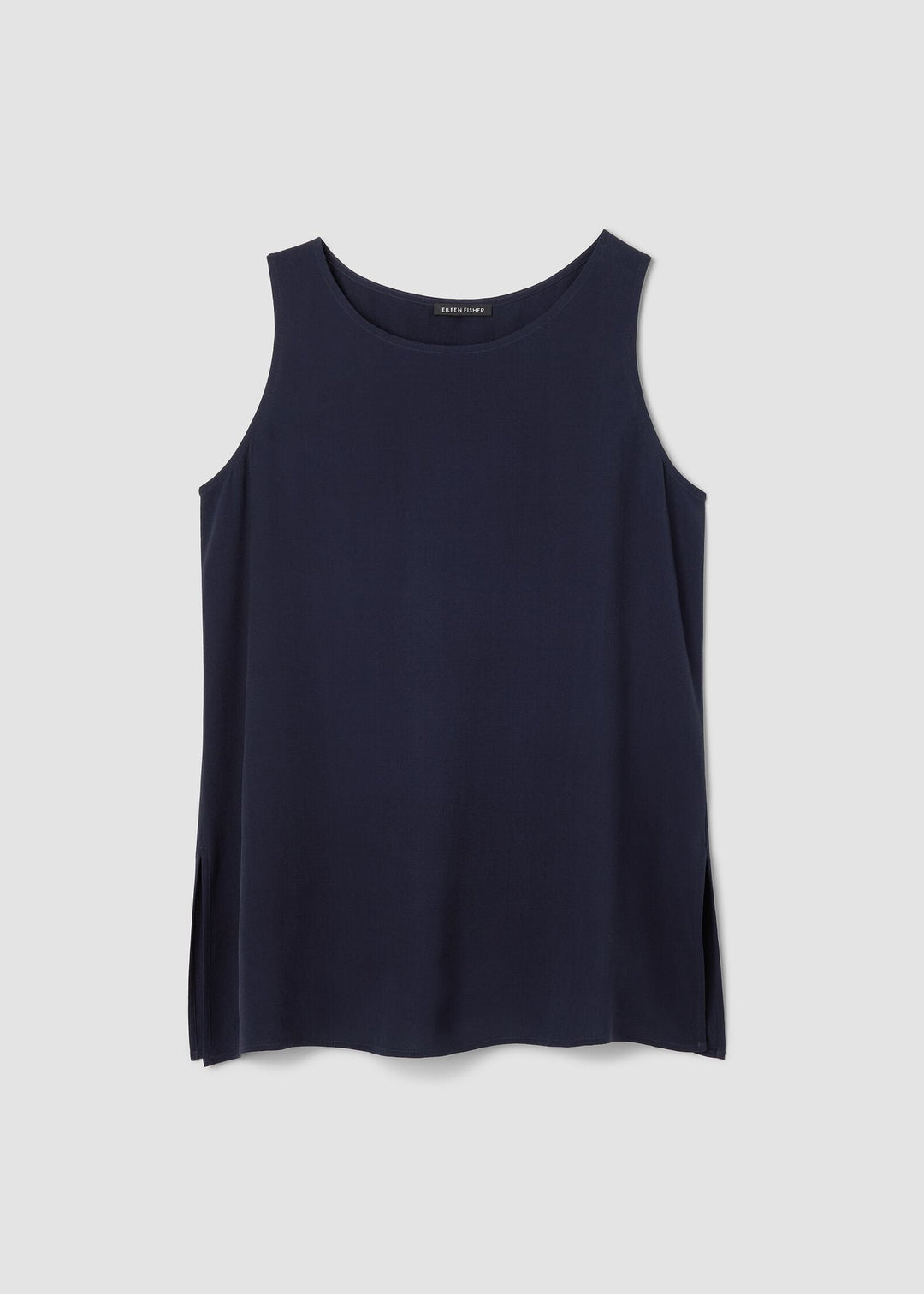 Front view of plus size Eileen Fisher Silk Georgette Crepe Ballet Neck sleeveless tunic in Ink