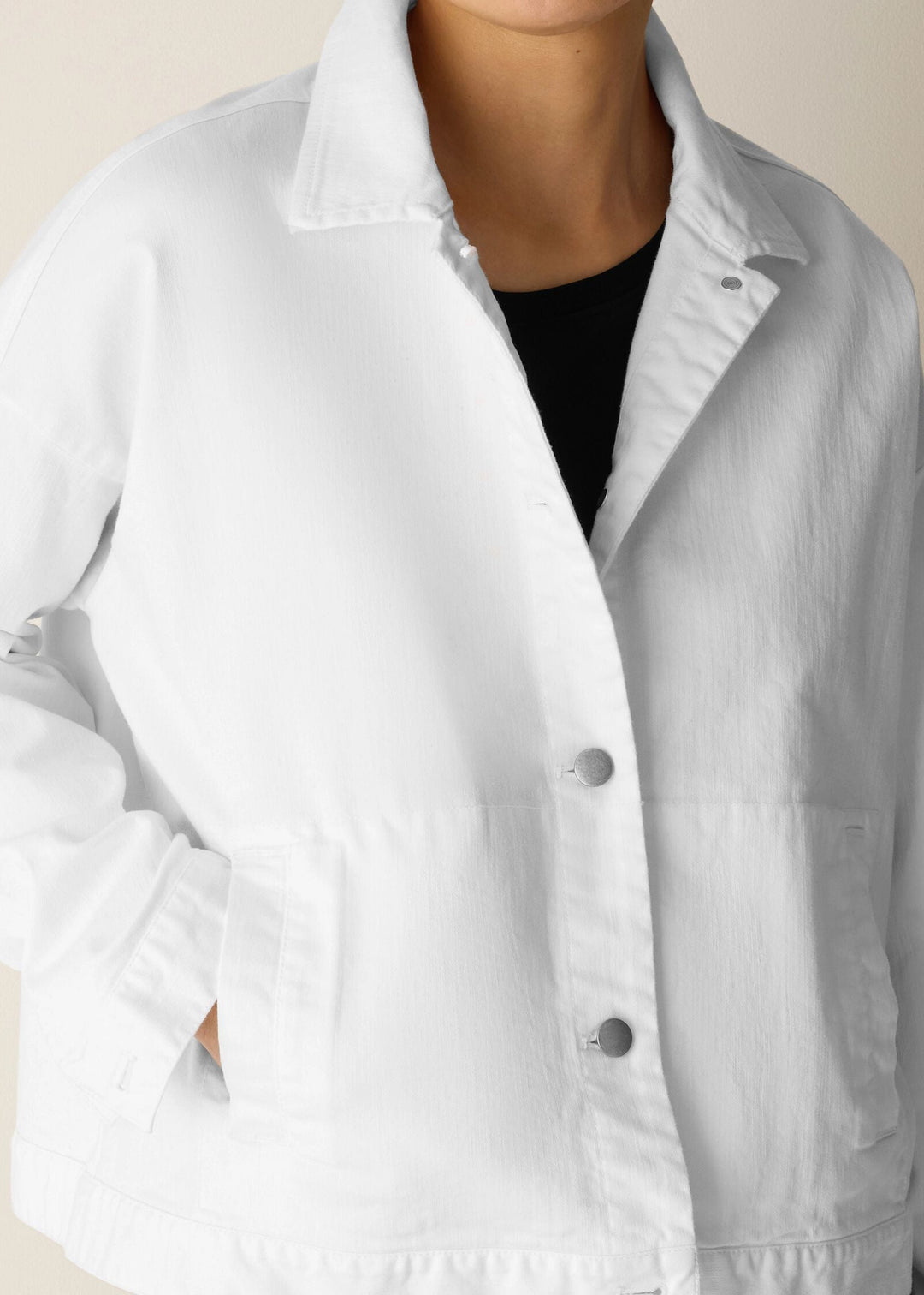 Close up Front view of plus size Eileen Fisher Classic Collar White Denim Jacket in White