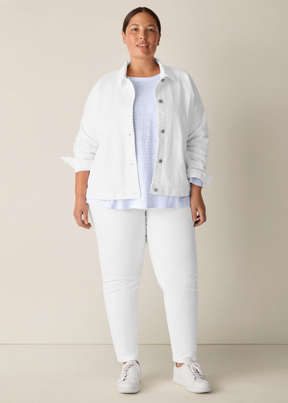 Front view of plus size Eileen Fisher Classic Collar White Denim Jacket in White