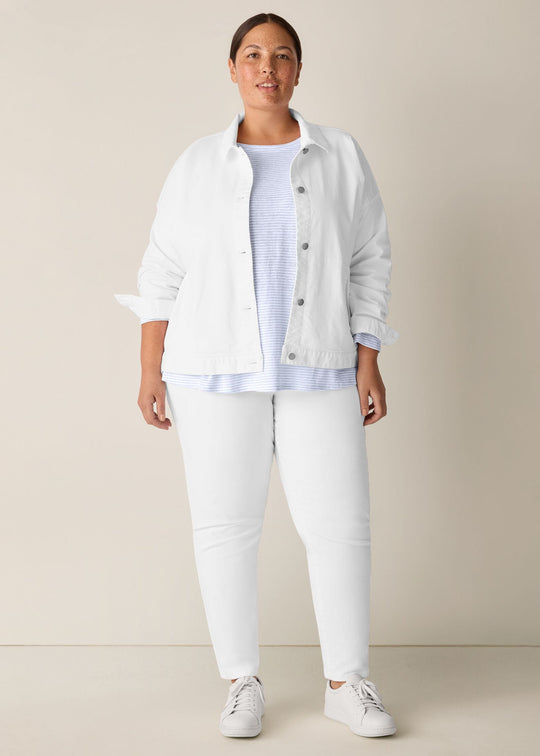 Front view of plus size Eileen Fisher Classic Collar White Denim Jacket in White