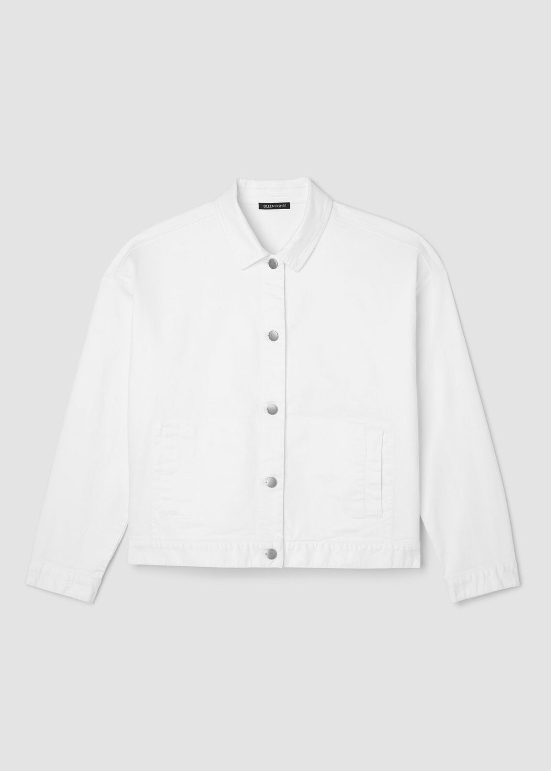 Front view of plus size Eileen Fisher Classic Collar White Denim Jacket in White