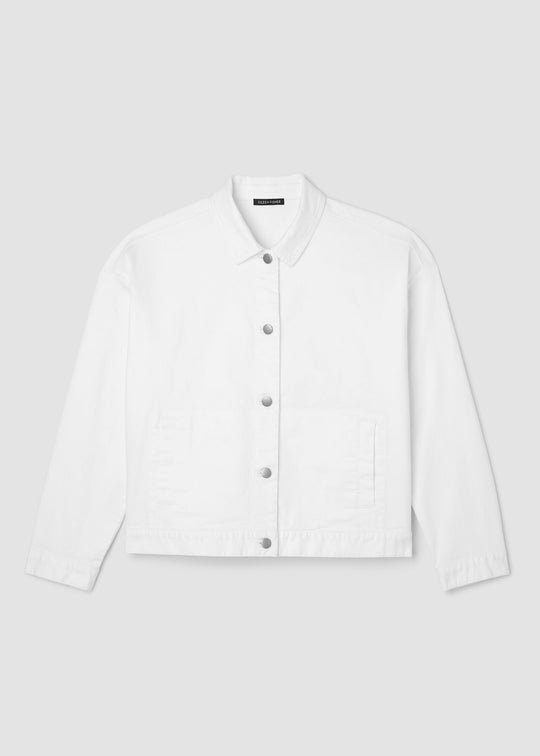 Front view of plus size Eileen Fisher Classic Collar White Denim Jacket in White
