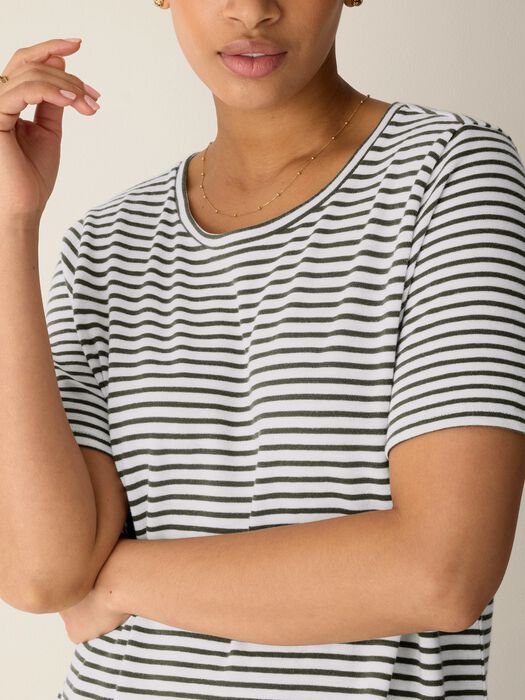 Close-up of green-and-white striped round-neck dress with short sleeves