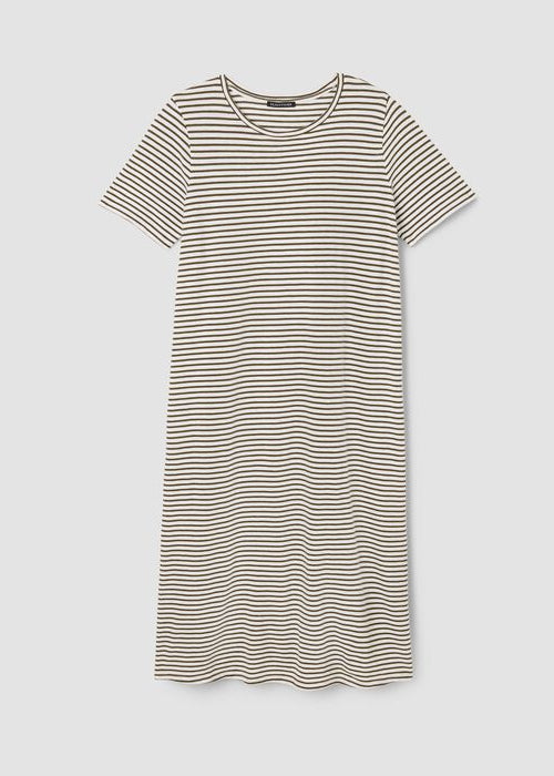Striped organic cotton slub dress, round neck and short sleeves, midi length, green/white