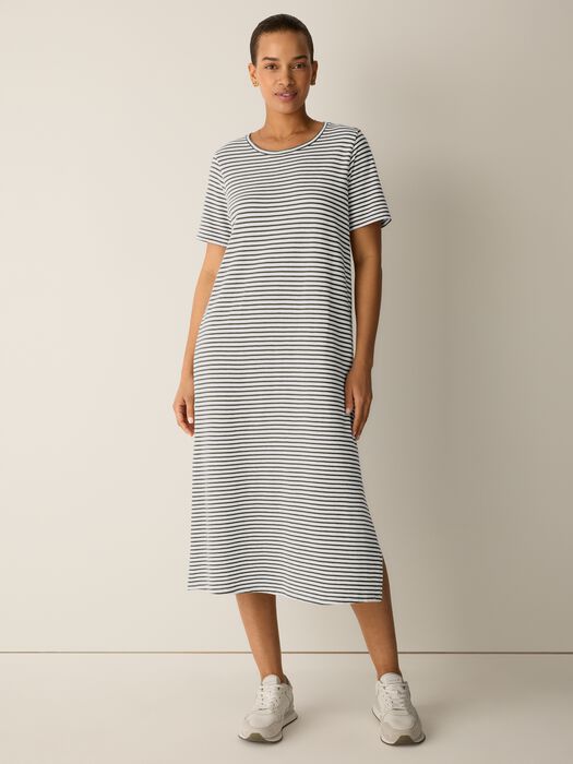 Green-and-white striped midi dress with round neck and short sleeves, straight fit