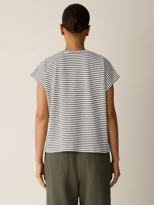 Eileen Fisher Striped Organic Cotton Slub Crew Neck Tee in Olive Stripe