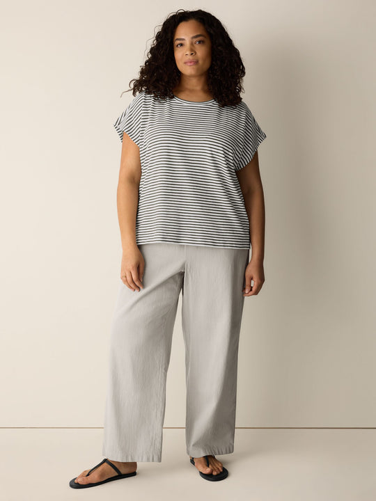 Eileen Fisher Striped Organic Cotton Slub Crew Neck Tee in Olive Stripe